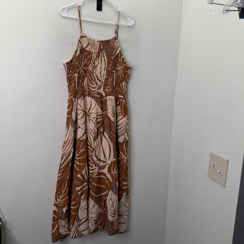 Baltic Born Dress 2XL Smocked Midi Tan Floral Formal Boho Tropical Flowy Stretch - Picture 1 of 10